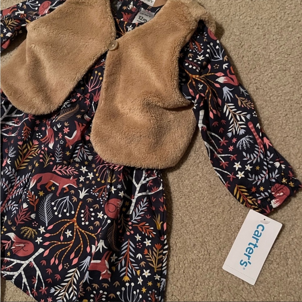 Carters Baby Dress, Fur Vest and Tights Outfit